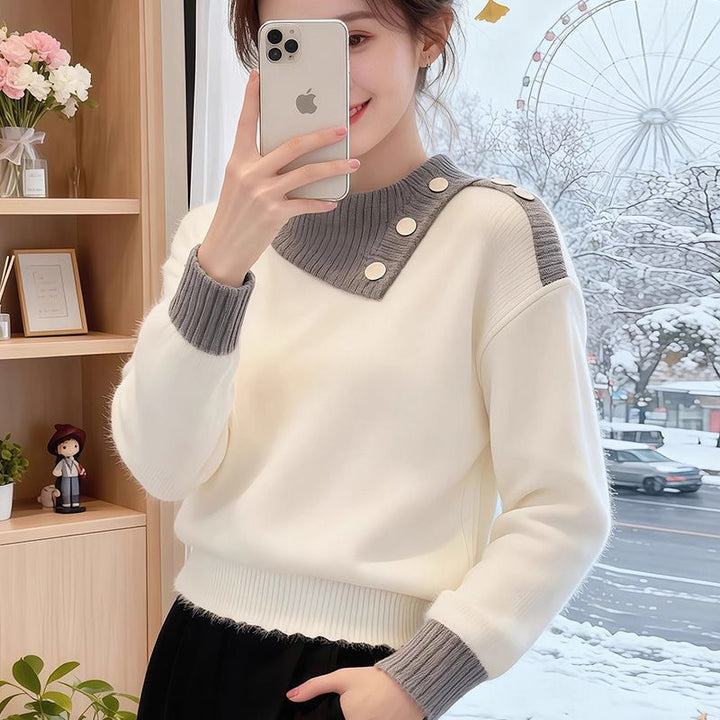 Damen Modischer Piqué Pullover mit Knopfdetails Drune