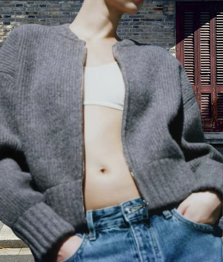 Damen lässiger Strickjacke mit hochgeschlossenem Reißverschluss und voluminösen Ärmeln Drune