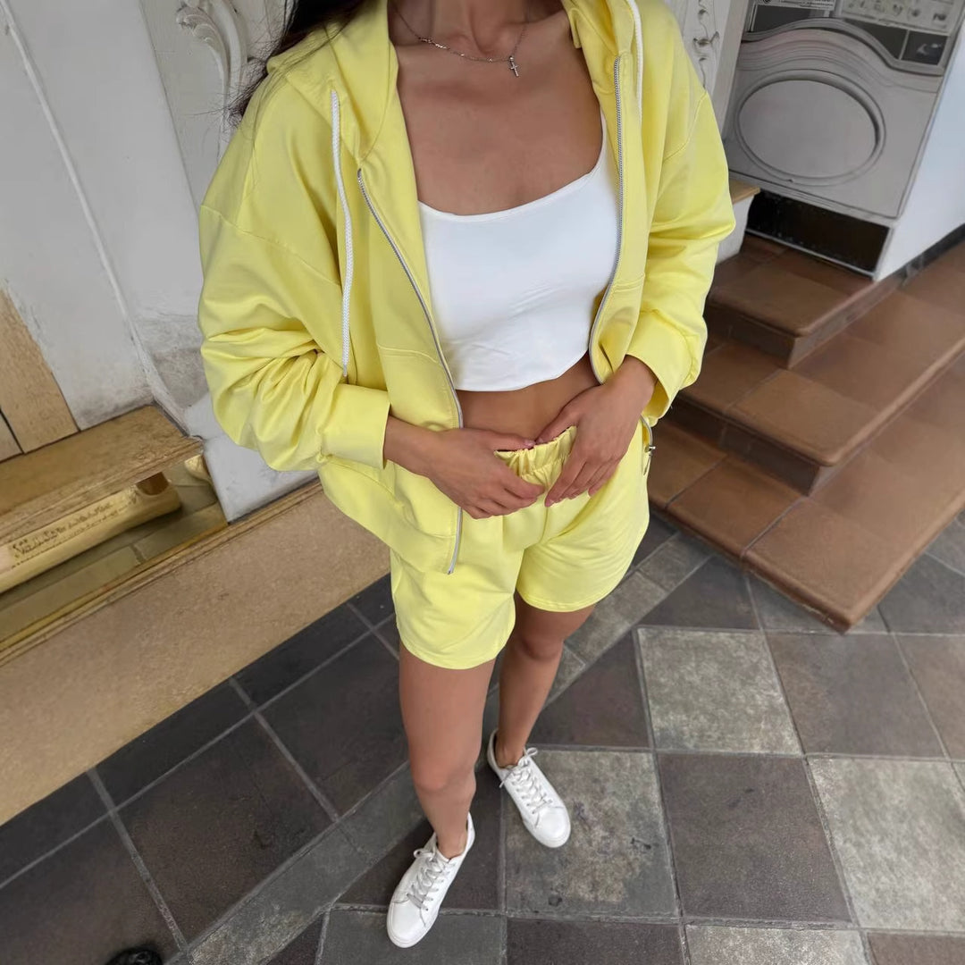 Damen lässiges Sport-Set mit kapuze und kurzer Hose Drune