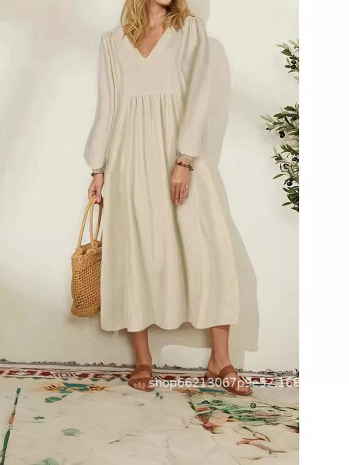 Damen leichtes Maxikleid mit V-Ausschnitt und ballonähnlichen Ärmeln Drune