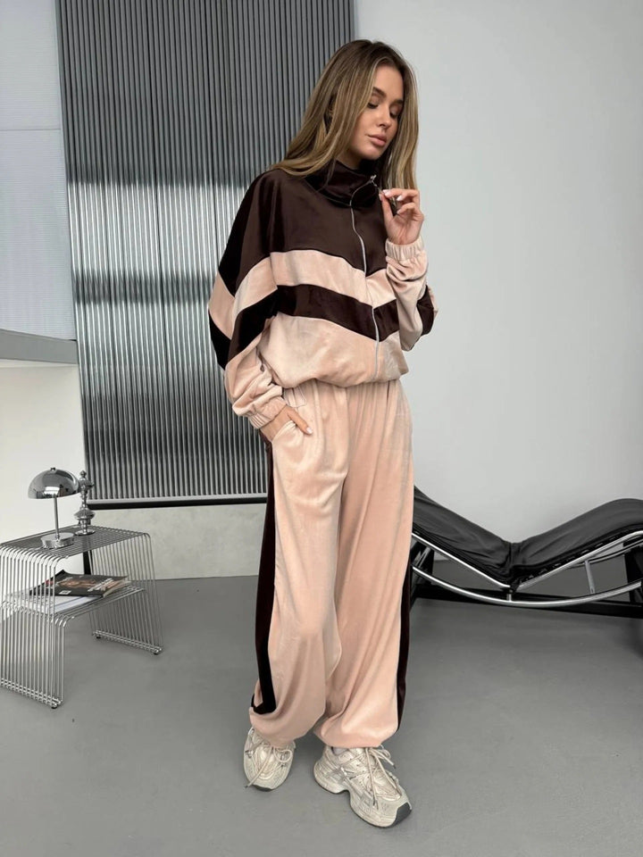 Damen Sportliche Veloursjacke mit hohem Kragen und elastischen Hosen Drune