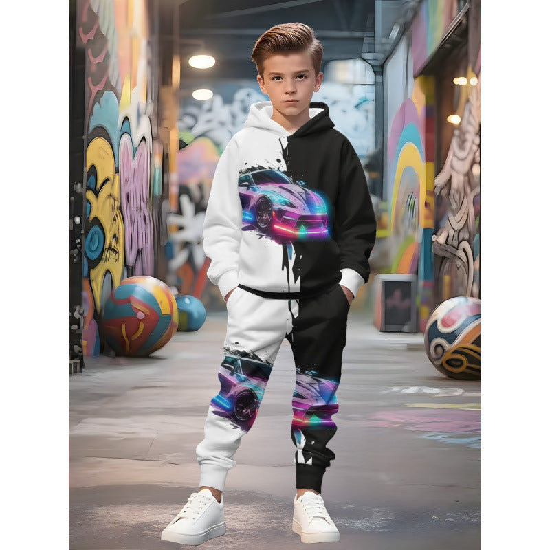 Unisex nan Kinder Jogginganzug mit Kapuzenpullover und detailreichem Auto-Print Drune