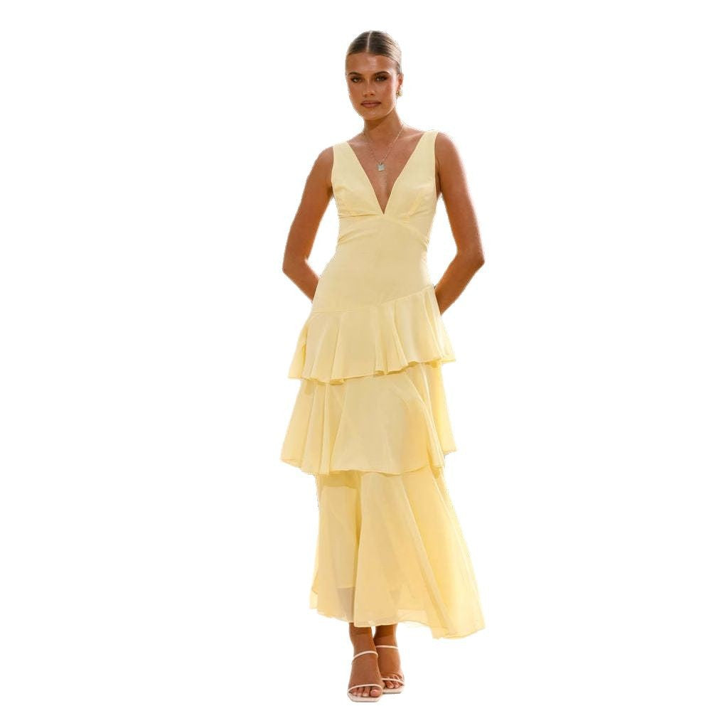 Damen Elegantes Maxikleid mit Volants und tiefem V-Ausschnitt Drune