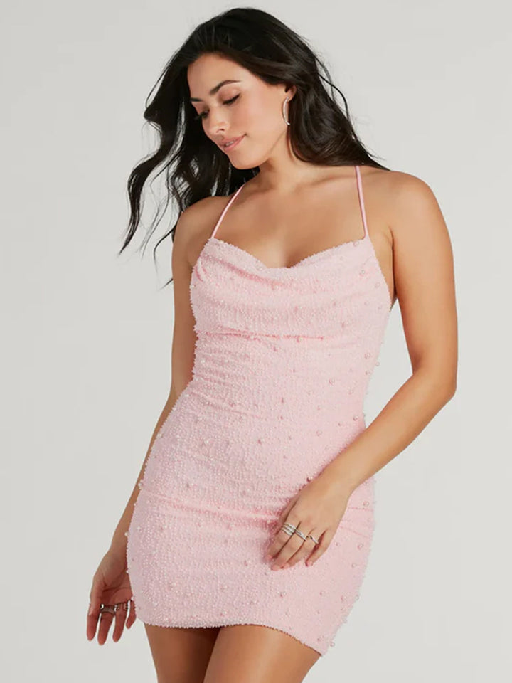 Damen Figurbetontes Minikleid mit schimmernden Perlen und Spaghettiträgern Drune