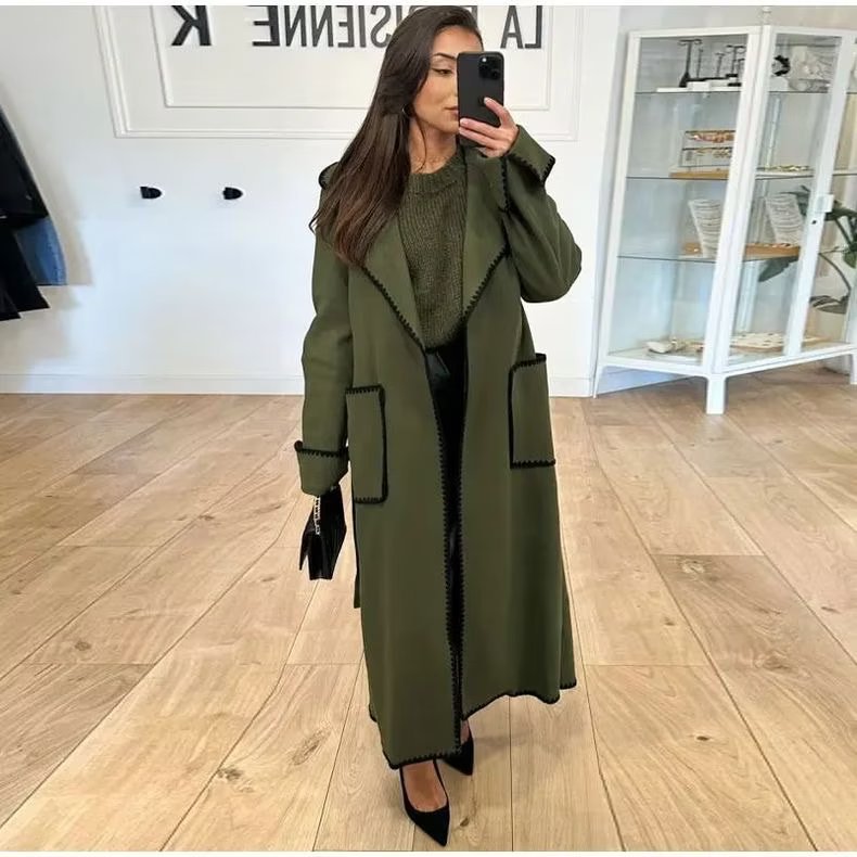 Damen elegante Übergangsjacke mit dekorativem Gürtel und hochwertigen Taschen Drune