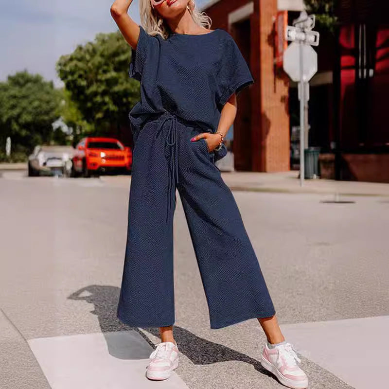 Damen lässiges Jumpsuit-Set aus weichem Material mit elastischem Bund und weit geschnittenen Beinen Drune