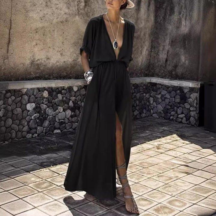 Damen Maxikleid mit tiefem V-Ausschnitt und hautfreundlichem Material Drune