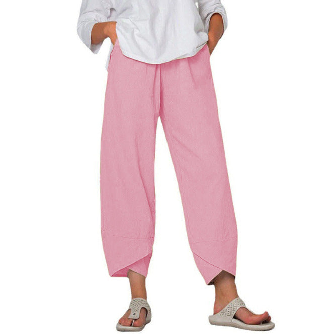 Damen nan lockere Leinenhose mit hohem Bund, Tulpen-Saum und seitlichen Eingrifftaschen Drune