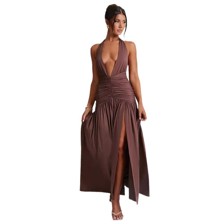Damen Maxikleid mit tiefem V-Ausschnitt und Rüschen Drune