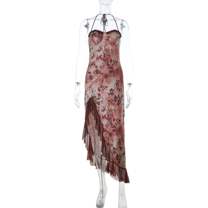 Damen asymmetrisches Floral-Maxikleid mit zartem Rüschensaum und verführerischem Schnitt Drune