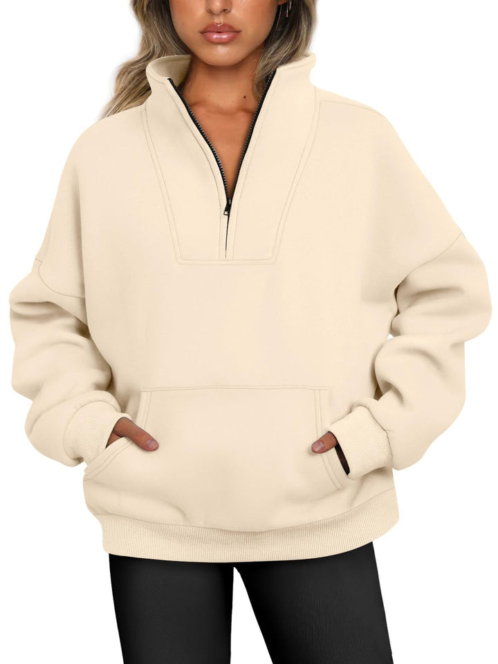 Damen nan oversized Halbzip-Hoodie mit hohem Stehkragen, Kängurutasche und gerippten Bündchen Drune