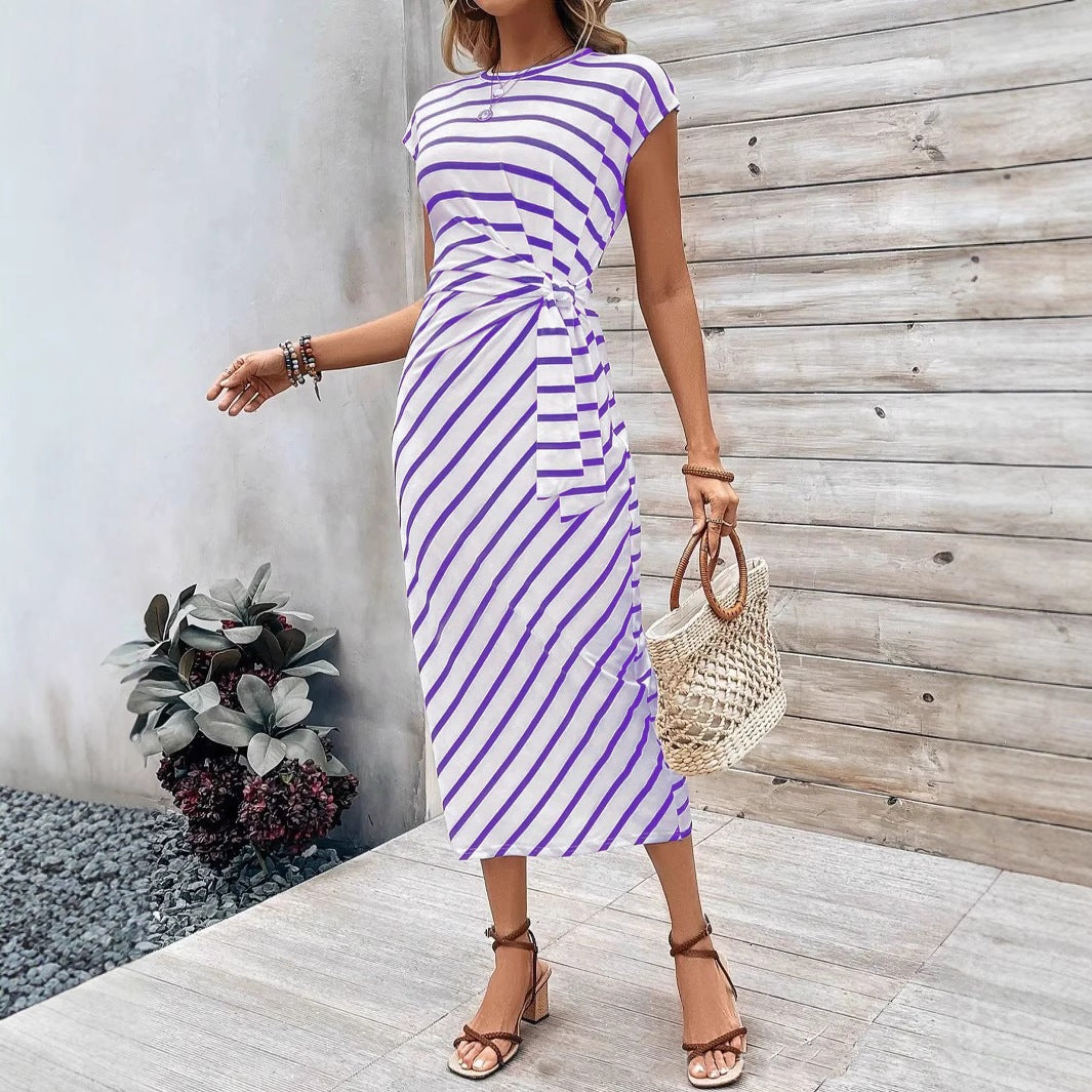 Damen Wickelkleid im modernen Streifenlook mit Taillenknoten Drune
