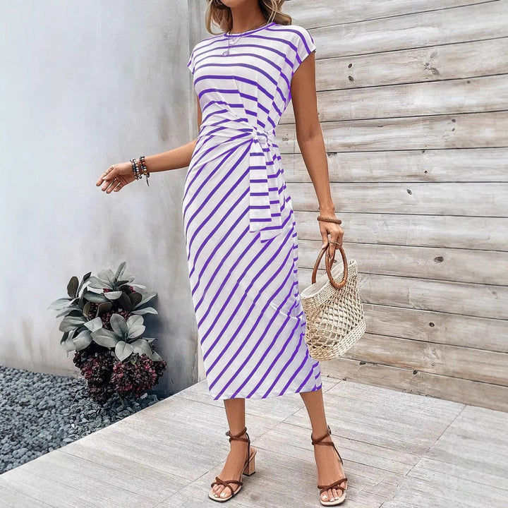 Damen Wickelkleid im modernen Streifenlook mit Taillenknoten Drune
