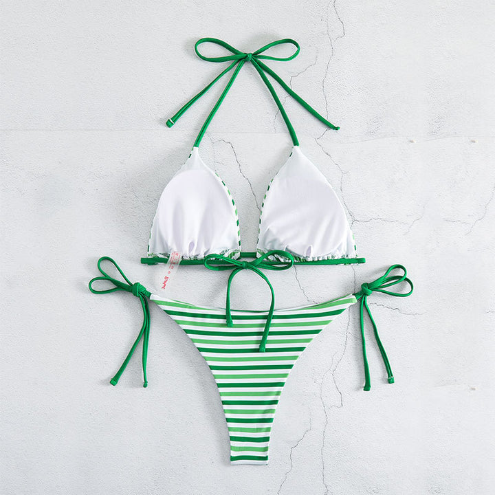 Damen Triangel-Bikini mit verspieltem Streifenmuster und verstellbaren Bindebändern Drune