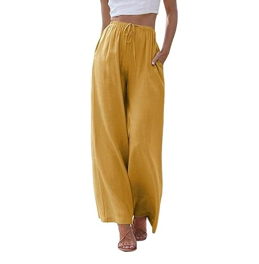 Damen nan weite Leinenhose mit elastischem Bund Kordel und Seitentaschen Drune