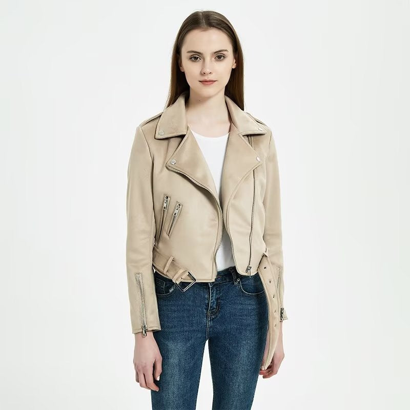 Damen stylische Bikerjacke im eleganten Wildleder-Look mit praktischen Taschen Drune