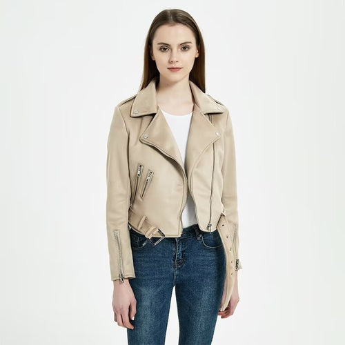 Damen stylische Bikerjacke im eleganten Wildleder-Look mit praktischen Taschen Drune