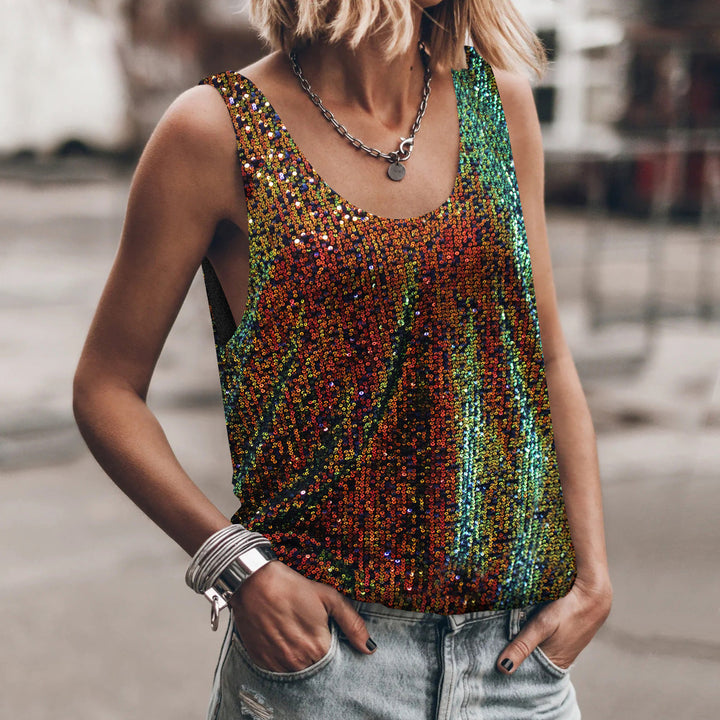 Damen Glitzerndes Top mit tiefem Rundhalsausschnitt und leichter A-Linie Drune