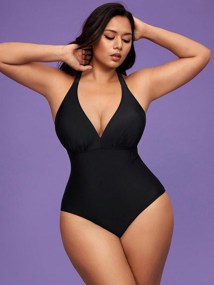 Damen eleganter Badeanzug mit tiefem V-Ausschnitt und figurformendem Schnitt Drune