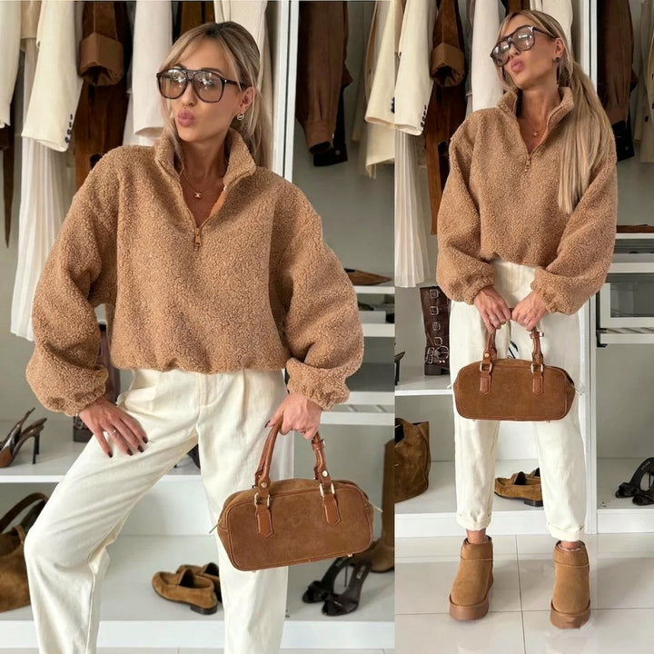 Damen lässiger Fleece-Pullover mit Stehkragen Drune