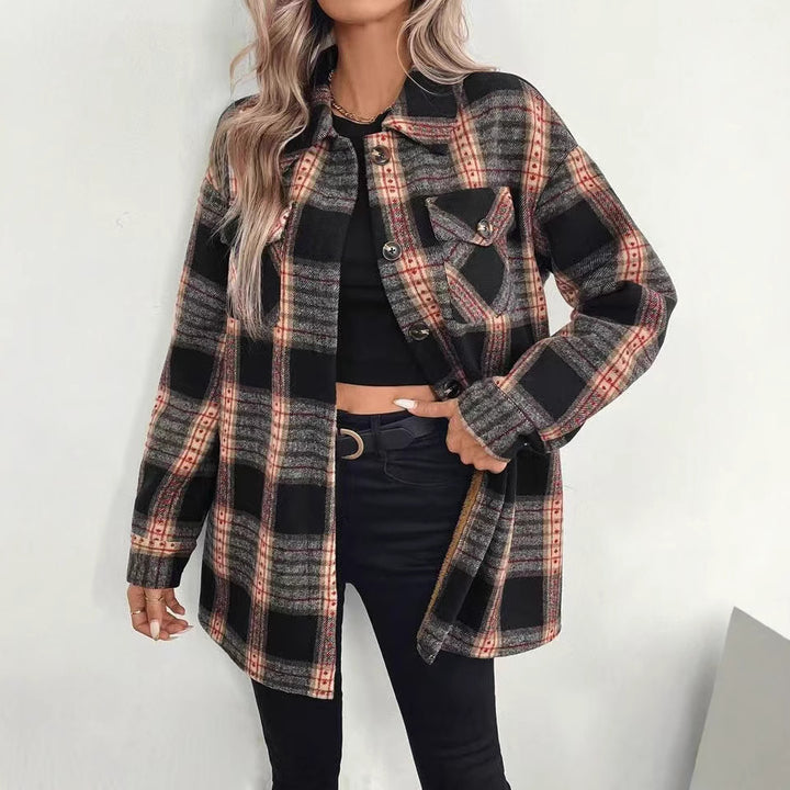 Damen Overshirtjacke mit karierter Textur und praktischen Taschen Drune