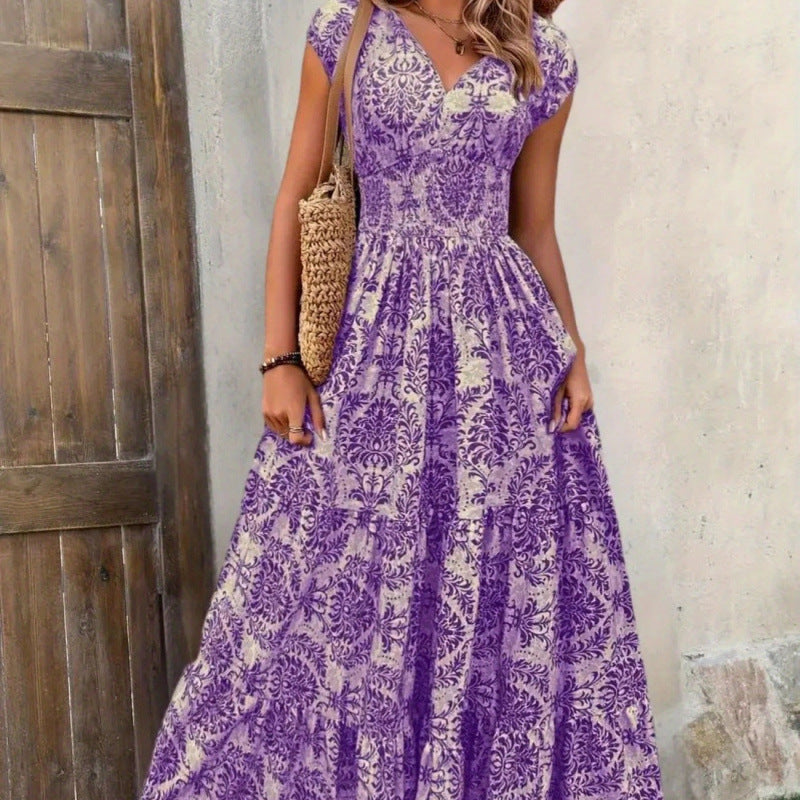 Damen Maxikleid mit nostalgischem Blumenmuster und voluminösem Rock Drune