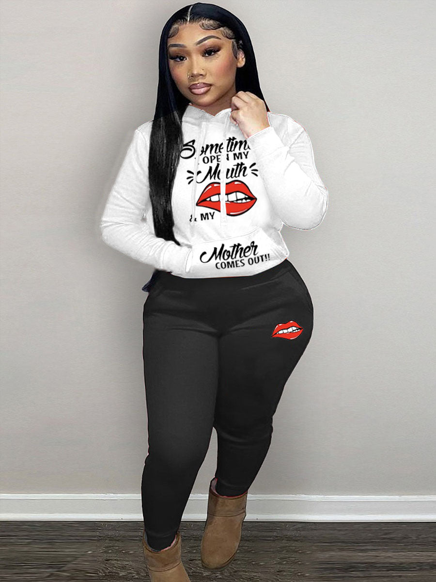 Damen Hoodie und Jogginghose Set mit kreativem Lippenmotiv Drune