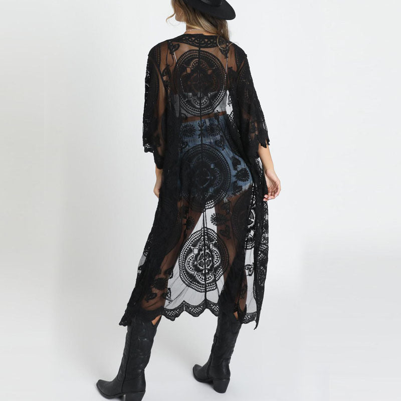 Damen transparente Spitzenrobe mit lässigem Schnitt und kunstvollen Details Drune