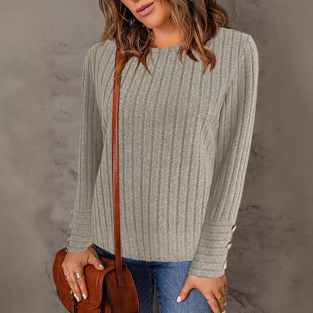 Damen modisches Strickoberteil mit Rippstruktur und eleganten Knopfdetails Drune