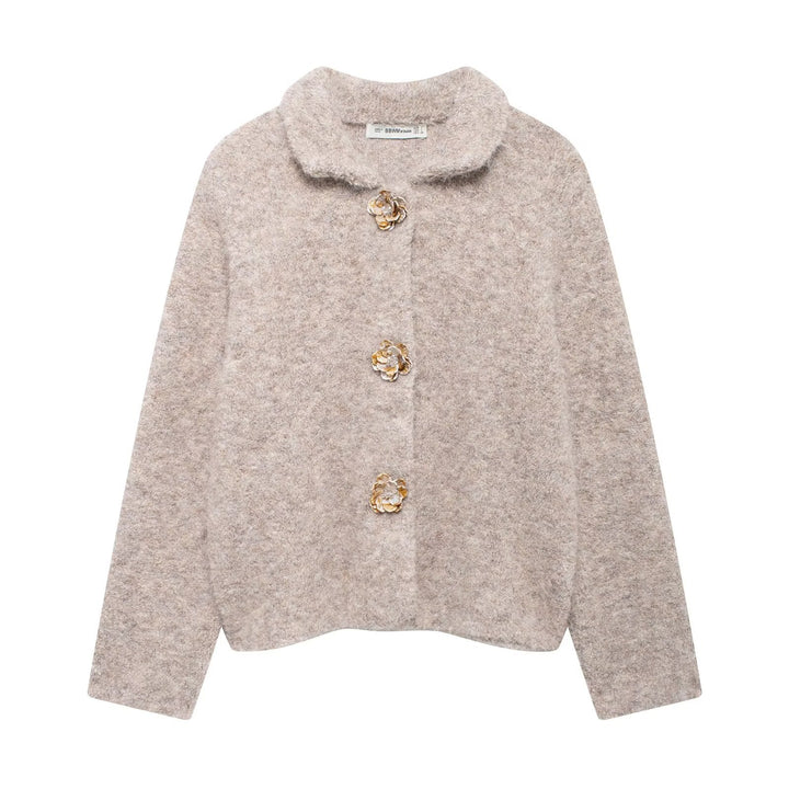 Damen Teddyjacke mit eleganten Blumenknopfdetails Drune