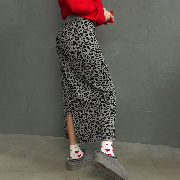 Damen Midi-Rock mit Leopard-Muster und Schlitz-Design Drune