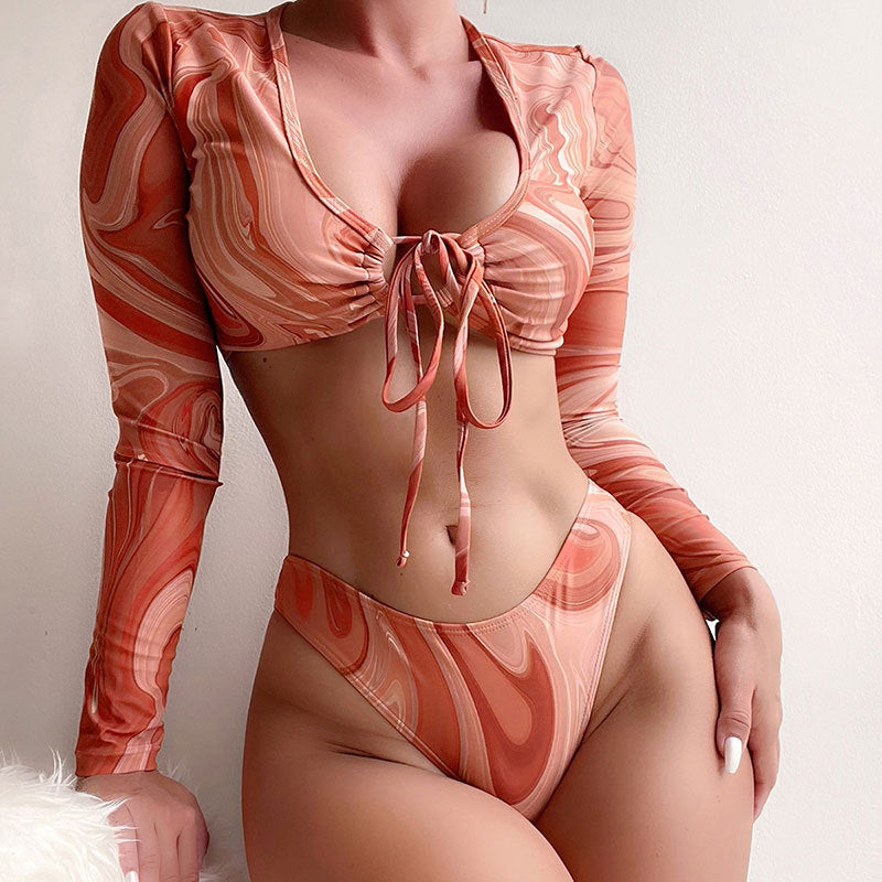 Damen Bikini-Set mit langärmligem Oberteil und hoch geschnittenem Höschen Drune