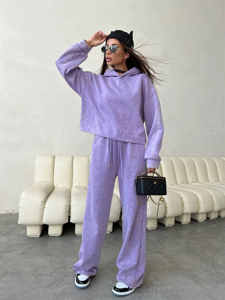 Damen lässiges Hoodie-Set mit weit geschnittenen Hosen und elastischem Bund Drune