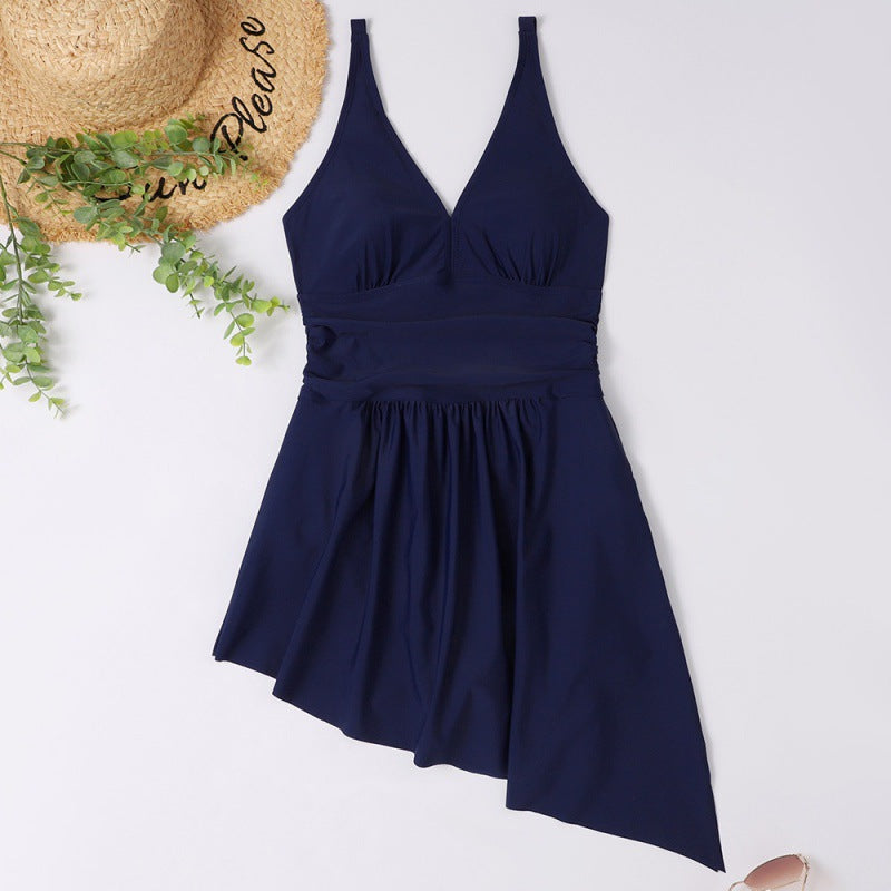 Damen eleganter Einteiler Badeanzug mit asymmetrischem Rock und verstellbaren Trägern Drune