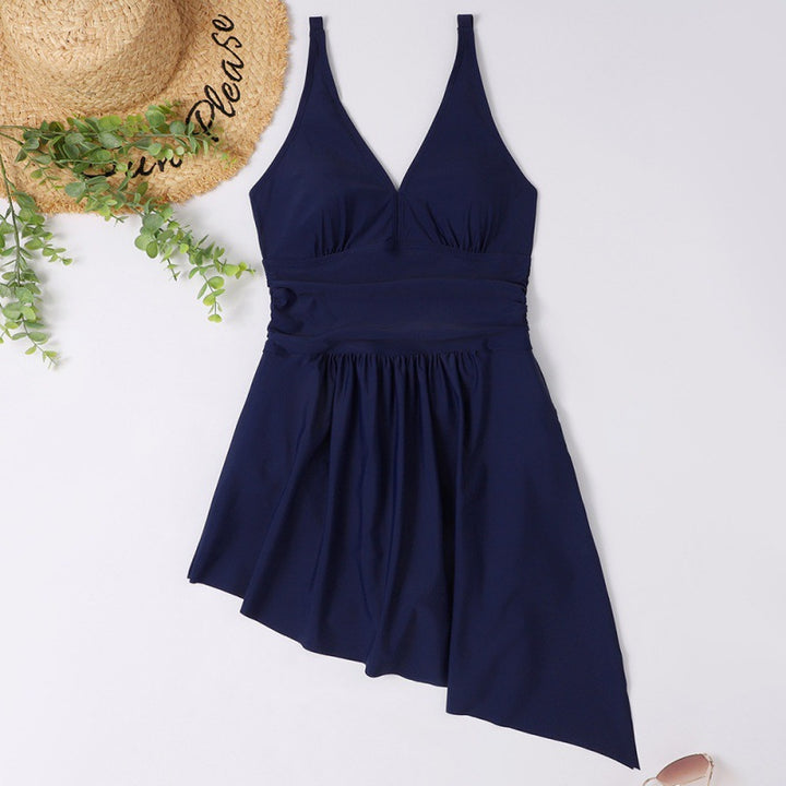 Damen eleganter Einteiler Badeanzug mit asymmetrischem Rock und verstellbaren Trägern Drune