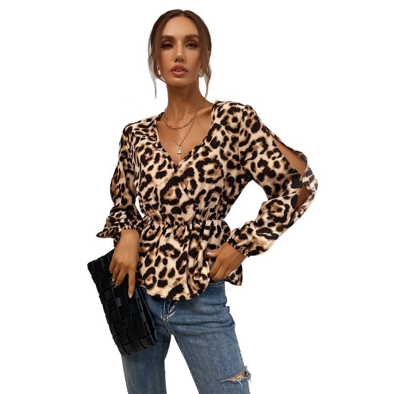 Damen Bluse mit Rüschendetails und Leopardenmuster Drune