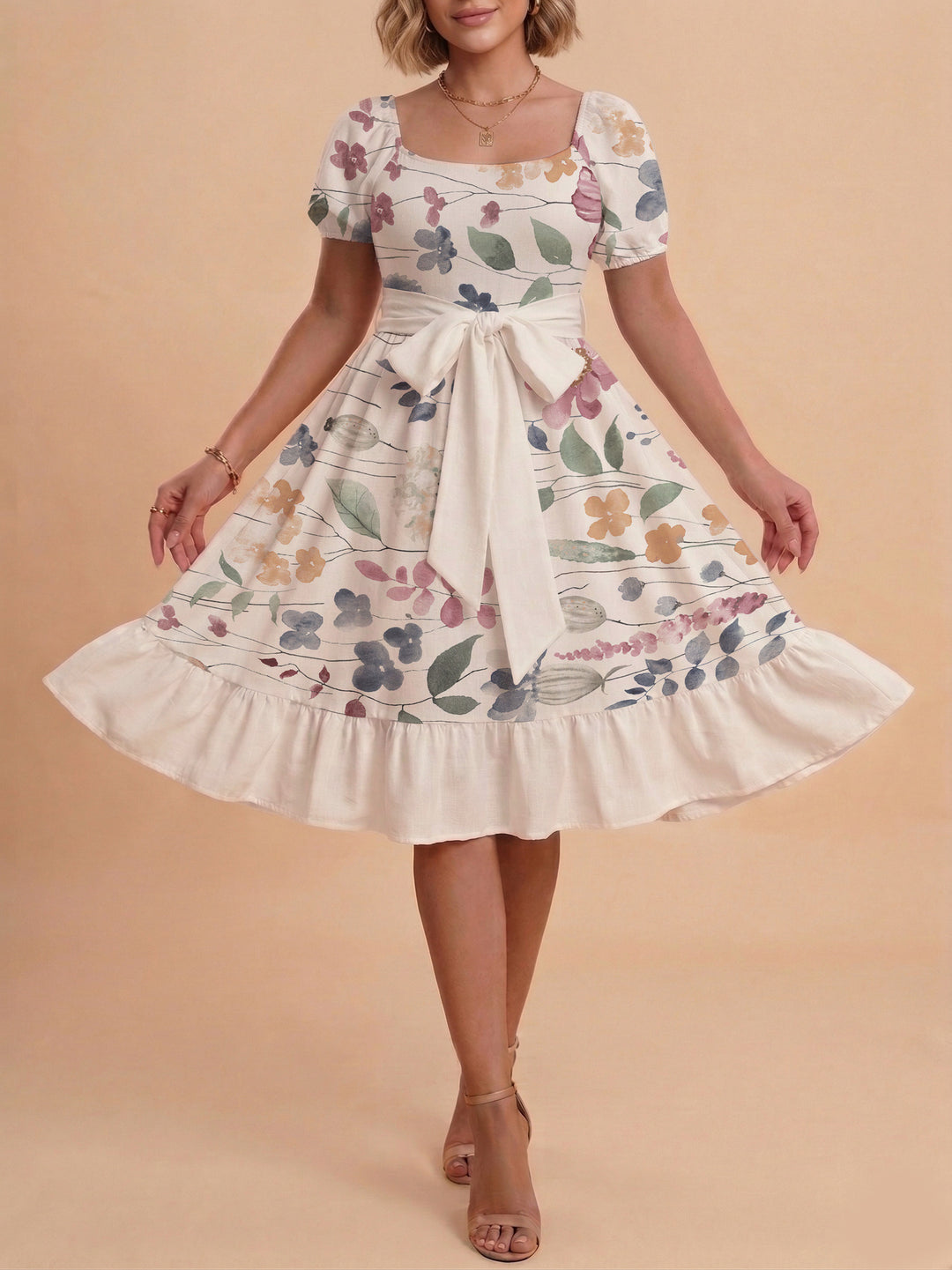 Damen Blumenkleid mit taillierbarem Gürtel und voluminösen Ärmeln Drune