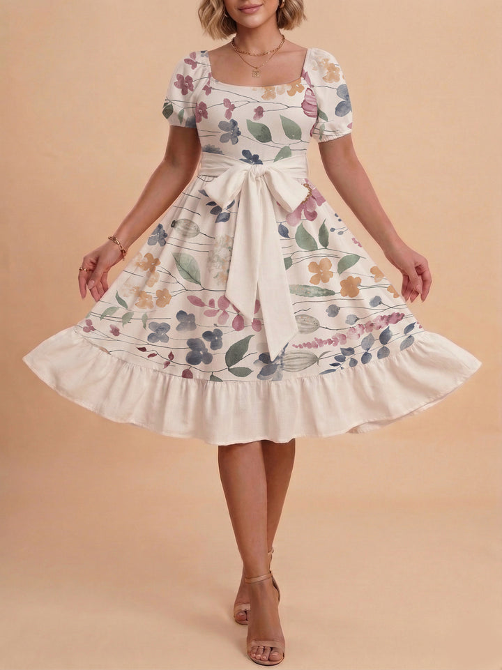 Damen Blumenkleid mit taillierbarem Gürtel und voluminösen Ärmeln Drune