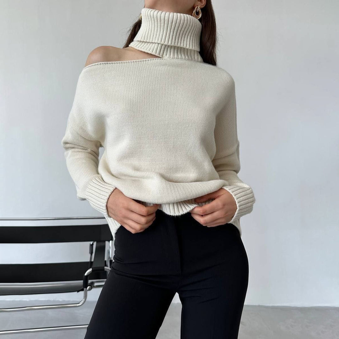 Damen modischer Rollkragenpullover mit schulterfreiem Design und eleganten Rippdetails Drune