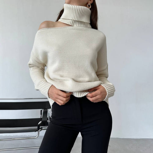 Damen modischer Rollkragenpullover mit schulterfreiem Design und eleganten Rippdetails Drune