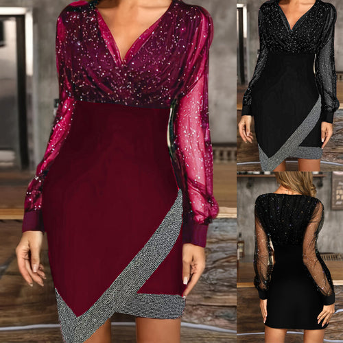 Damen Glamouröses Abendkleid mit funkelnden Ärmeln und asymmetrischem Schnitt Drune