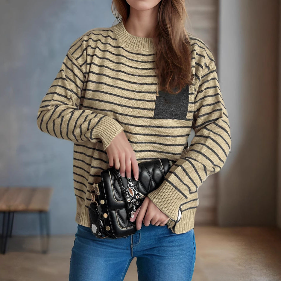 Damen gestreifter Pullover mit lässiger Passform und breiten Ärmeln Drune