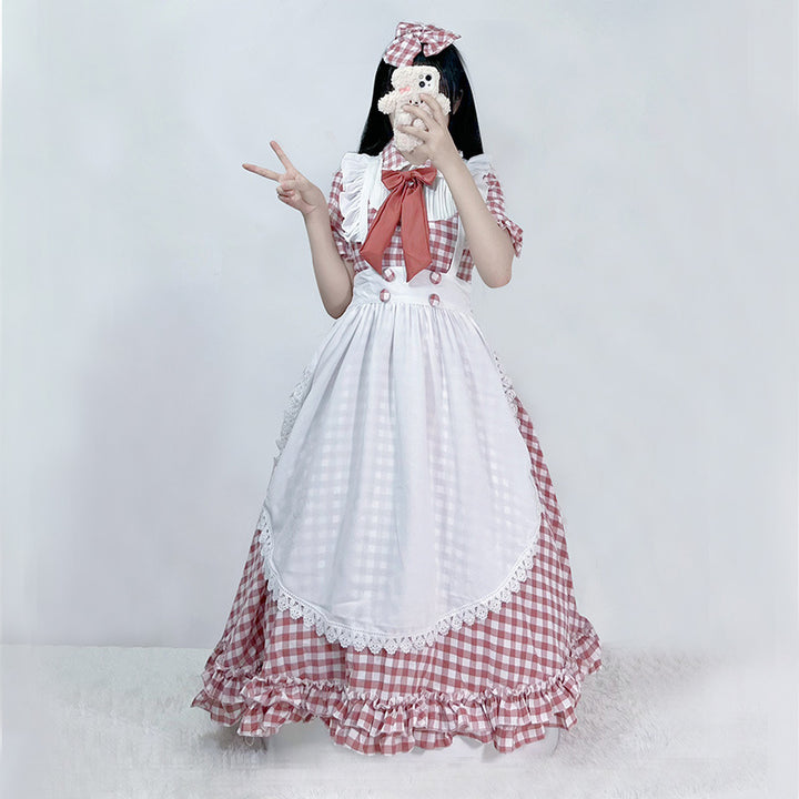 Damen nan vintage-inspiriertes Lolita-Kleid mit Karomuster Volants und abnehmbarer Schürze Drune