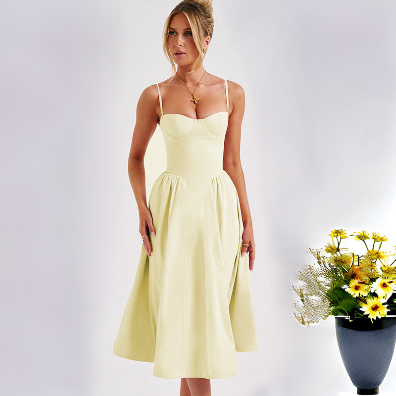 Damen Midi-Kleid mit ästhetischem Herzausschnitt und schwingendem Rock Drune