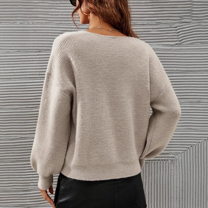 Damen V-Ausschnitt Pullover mit lässiger Passform und modischen Ballonärmeln Drune