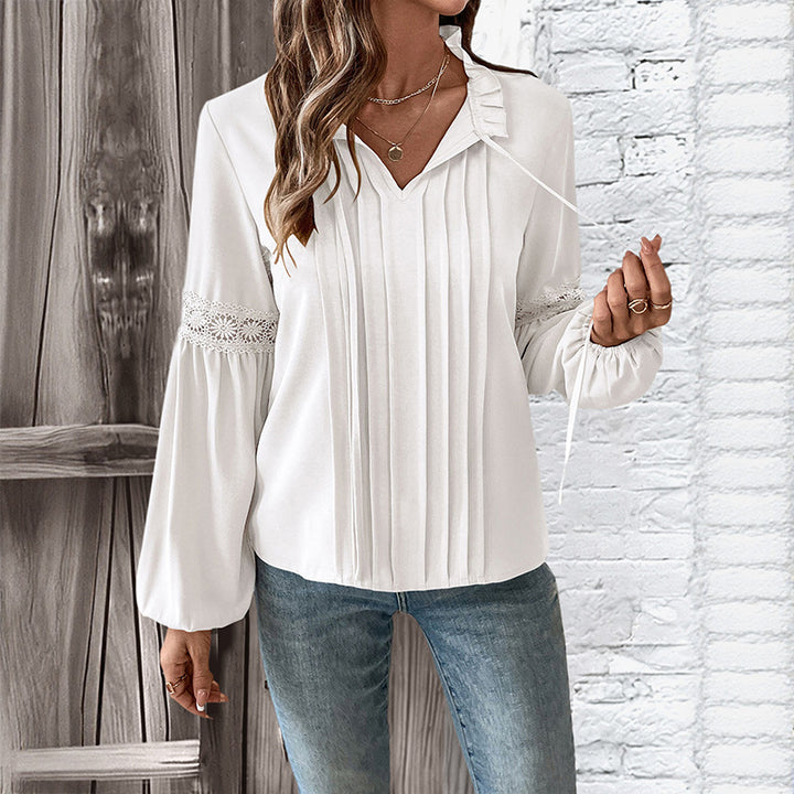 Damen elegante Longbluse mit feinen Falten und Spitzenakzenten Drune