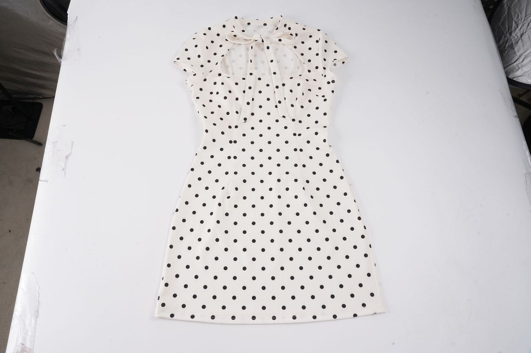Damen Polka-Dots Minikleid mit modernem Kragen und verspieltem Schleifendetail Drune