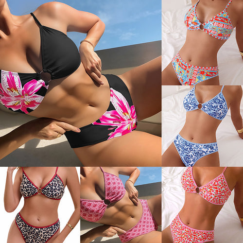Damen Triangel-Bikini mit buntem Fruchtmotiv und dekorativem Schlüsselring Drune