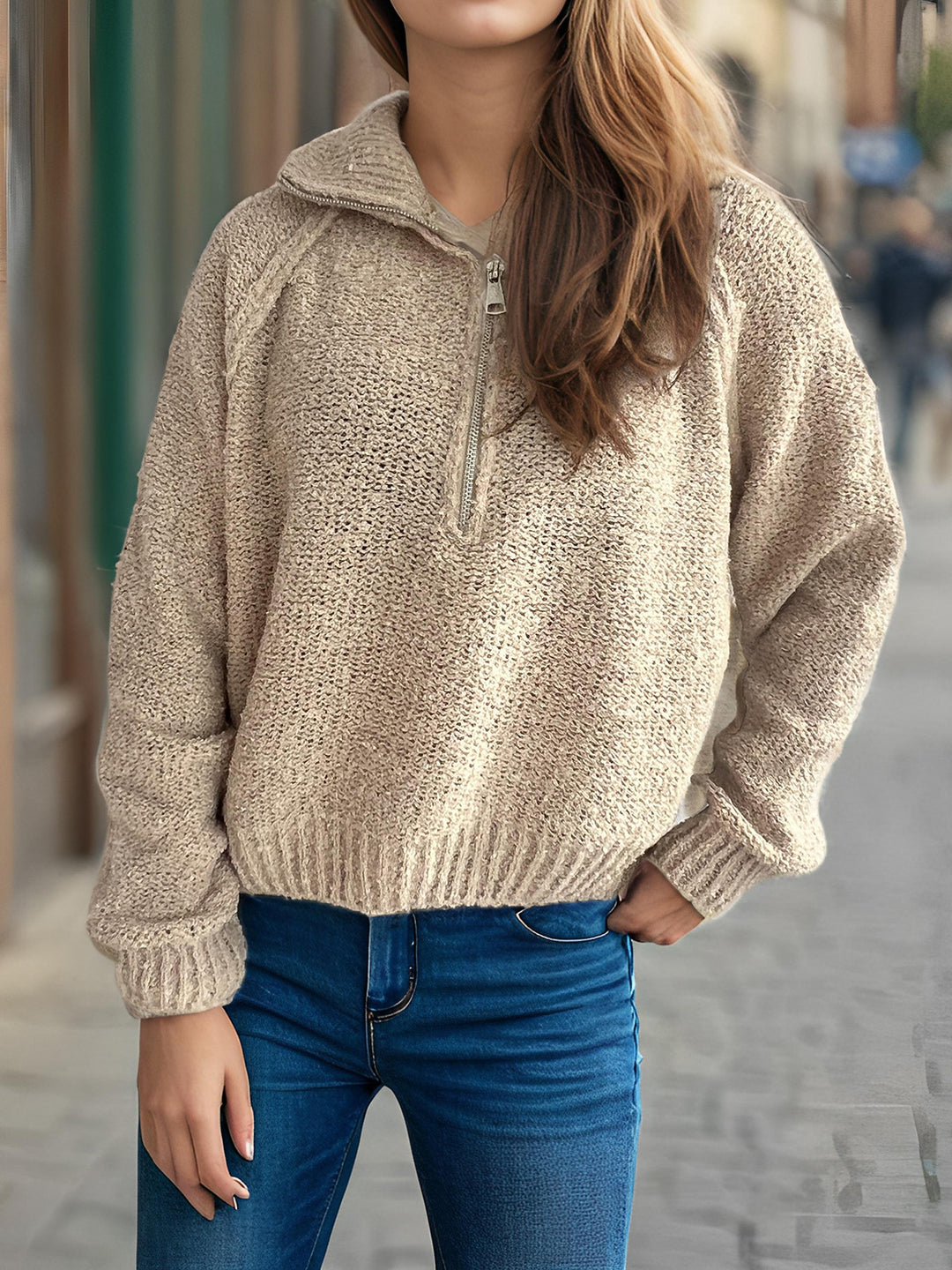 Damen lässiger Zip-Pullover mit oversized Schnitt und hohem Kragen Drune