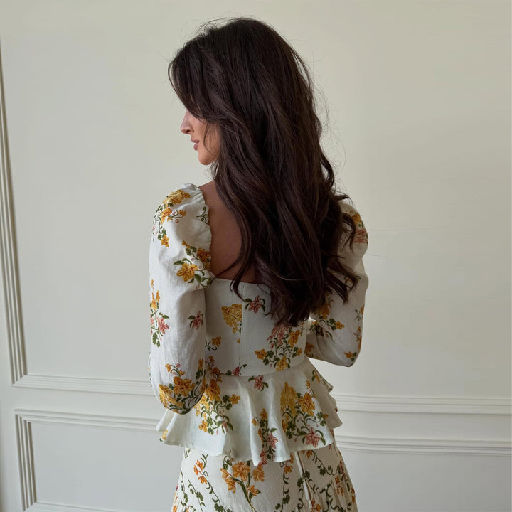 Damen Spitzenbluse mit dekorativem Knopfdetail und voluminösen Ärmeln Drune